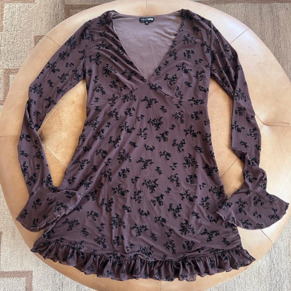 Y2k Babydoll Fairy Grunge Velvet‎ Burnout Ruffle Dress Goblin Mesh Brown M